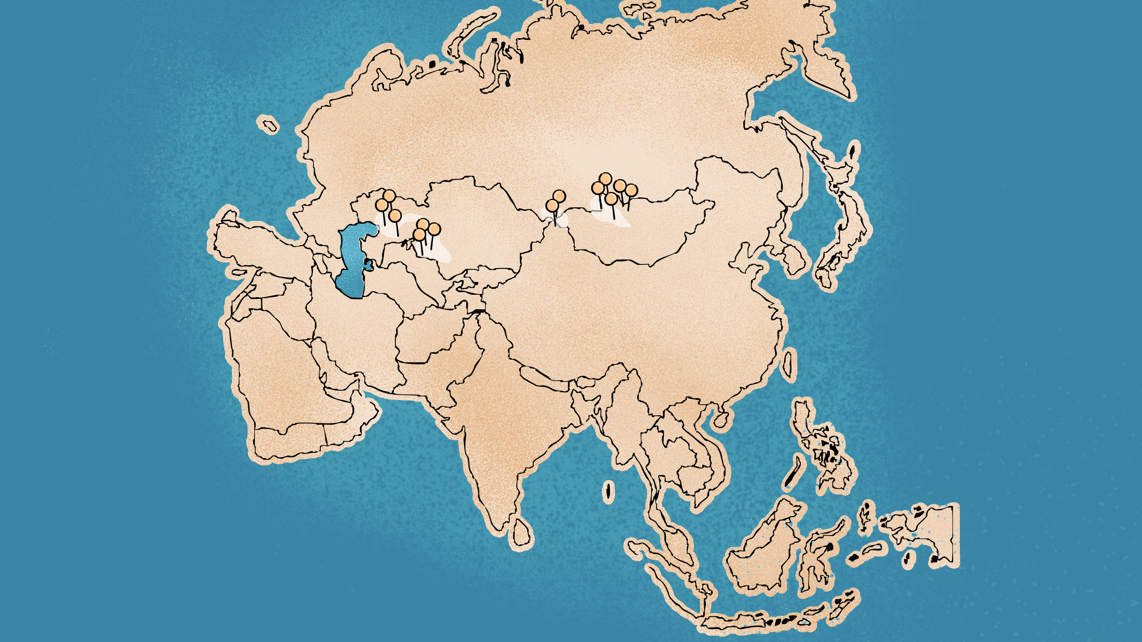 A laser-cut wooden world map of Asia, featuring natural wood grain textures and dark brown edges, set against a solid teal-blue background.