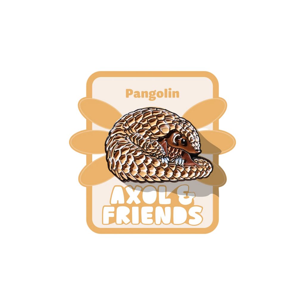 Pin with pangolin design on a white background, featuring 'Axol & Friends' branding.