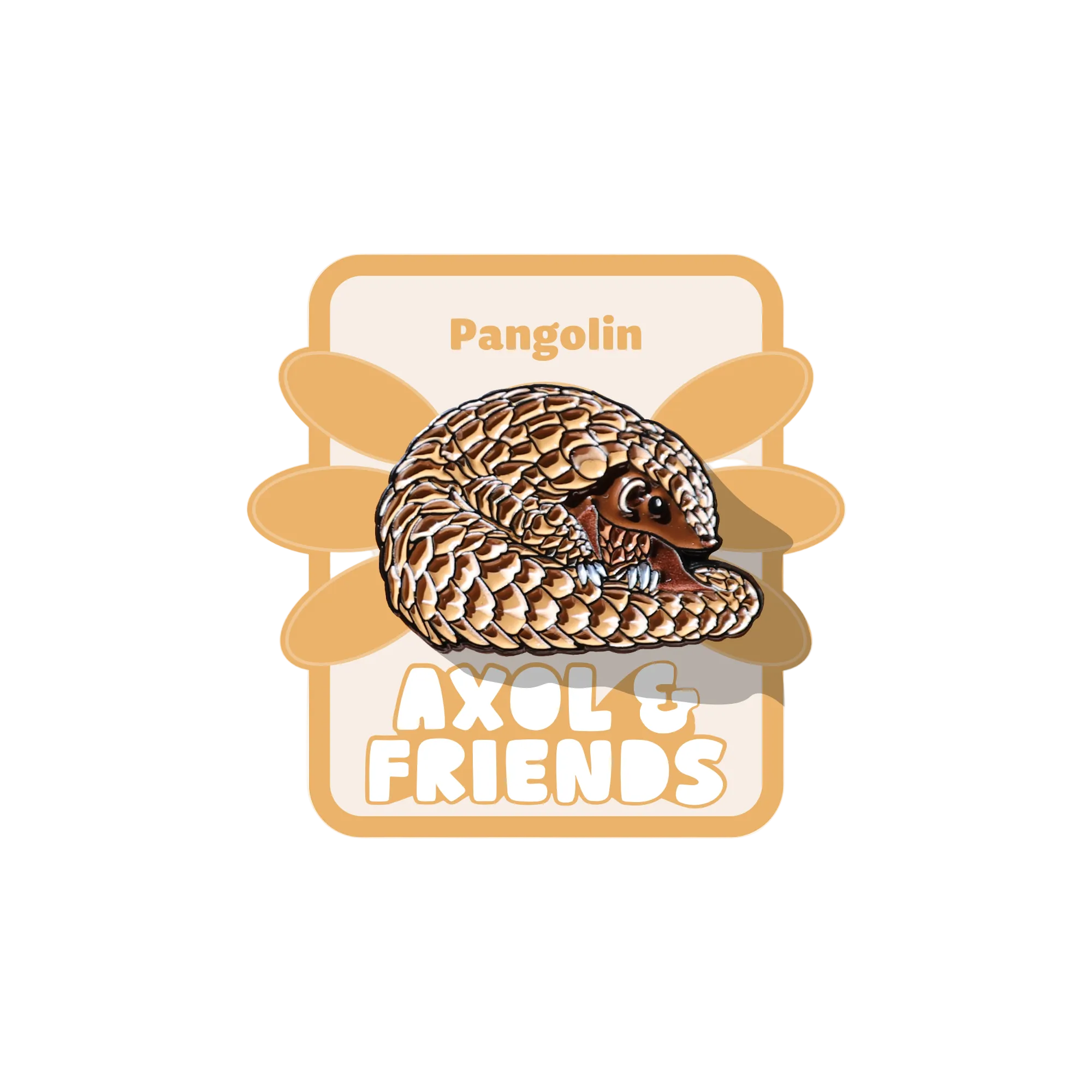 Pin with pangolin design on a white background, featuring 'Axol & Friends' branding.