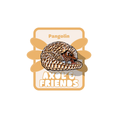 Pin with pangolin design on a white background, featuring 'Axol & Friends' branding.