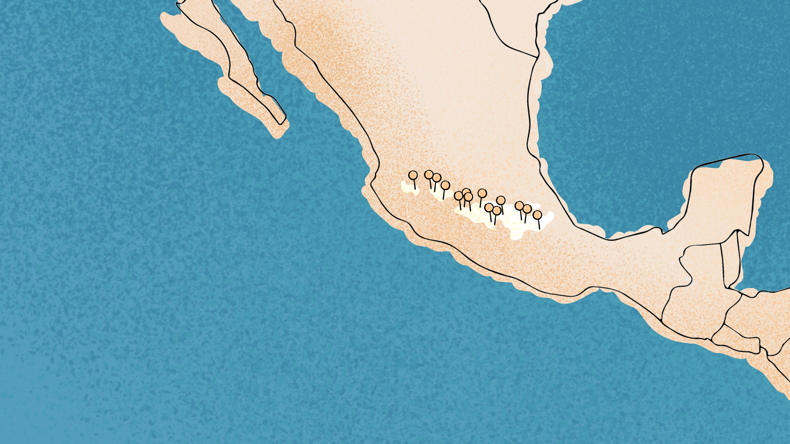 A stylized map illustration of southern Mexico and adjacent ocean, with a small cluster of white and brown circular icons along the coast.