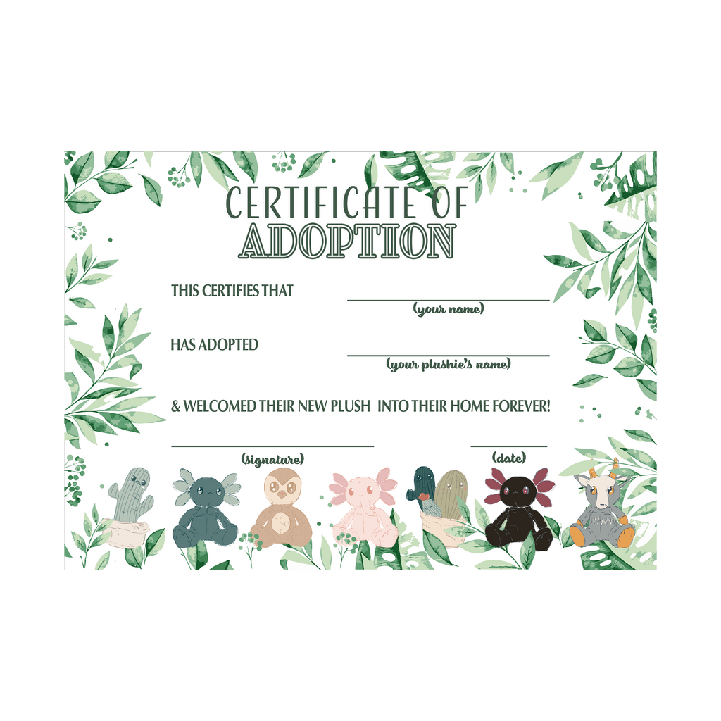 Certificate of Adoption with plush toy illustrations and green leaf border